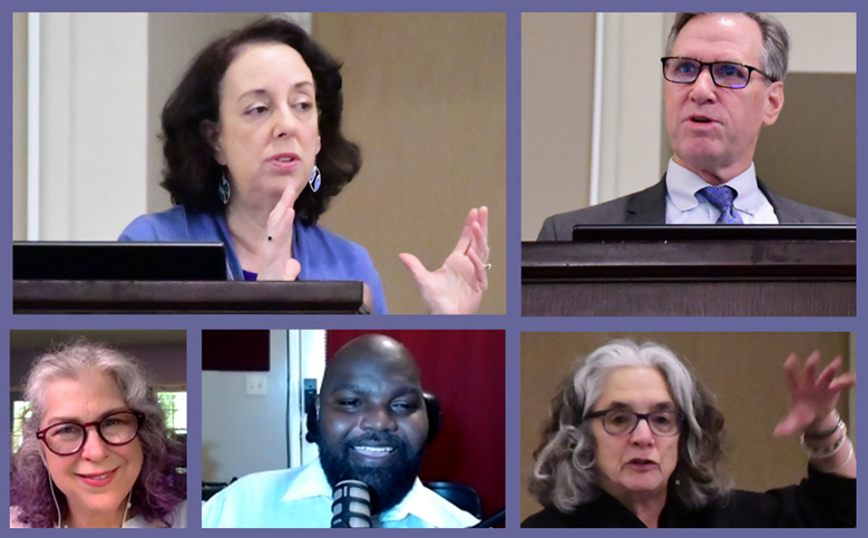 Montage of well known speakers from accessibility and legal fields at the podium for an in-person Legal Summit, and on zoom for an online event.
